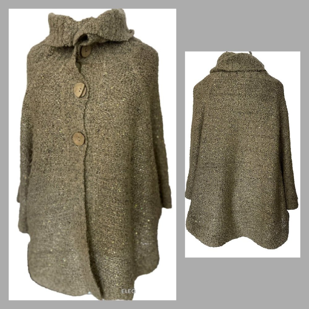 Kessler Knit Sweater Cape M L Tan Brown Poncho Women's Cowl Neck Sequin Pullover